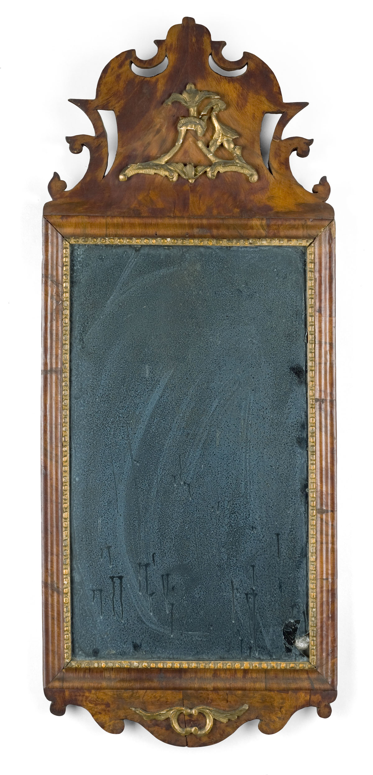 Appraisal: QUEEN ANNE TRANSITIONAL WALNUT AND BURL WALNUT GILT-DECORATED LOOKING GLASS