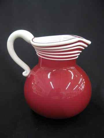 Appraisal: Cranberry Art Glass Pitcher applied whitehandle threaded top '' signed