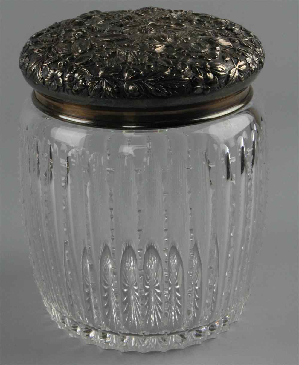 Appraisal: S KIRK SON SILVER REPOUSSE TOPPED CUT GLASS BISCUIT BARREL