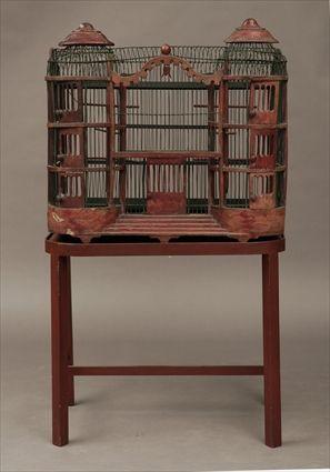 Appraisal: Victorian-Style Painted Wood and Wire Birdcage on Stand Birdcage x