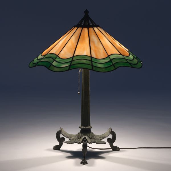 Appraisal: HANDEL LAMP x Slag glass shade in caramel and green