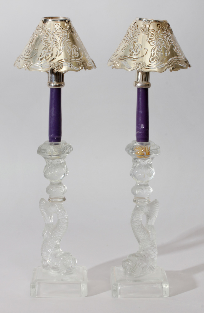 Appraisal: Pair of Glass Dolphin-Formed Candlesticks With a pair of Shreve