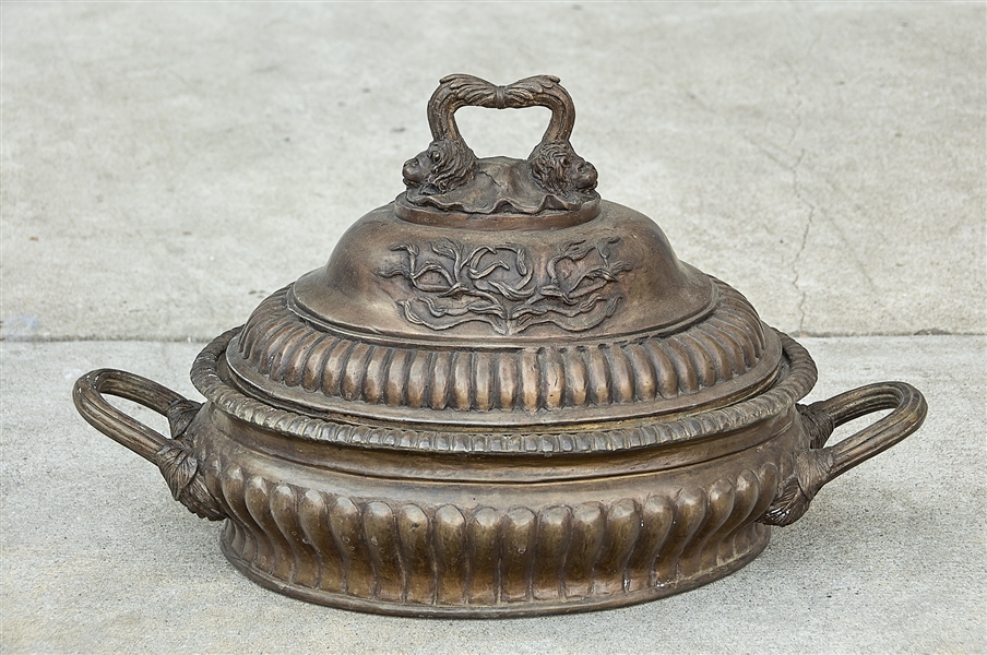 Appraisal: Chinese bronze covered basin with handles with lion head and