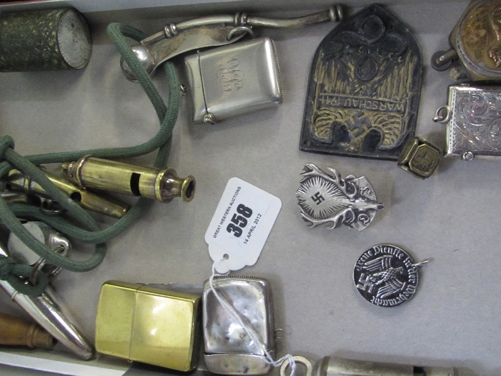 Appraisal: Box of miscellania - whistles German badges etc