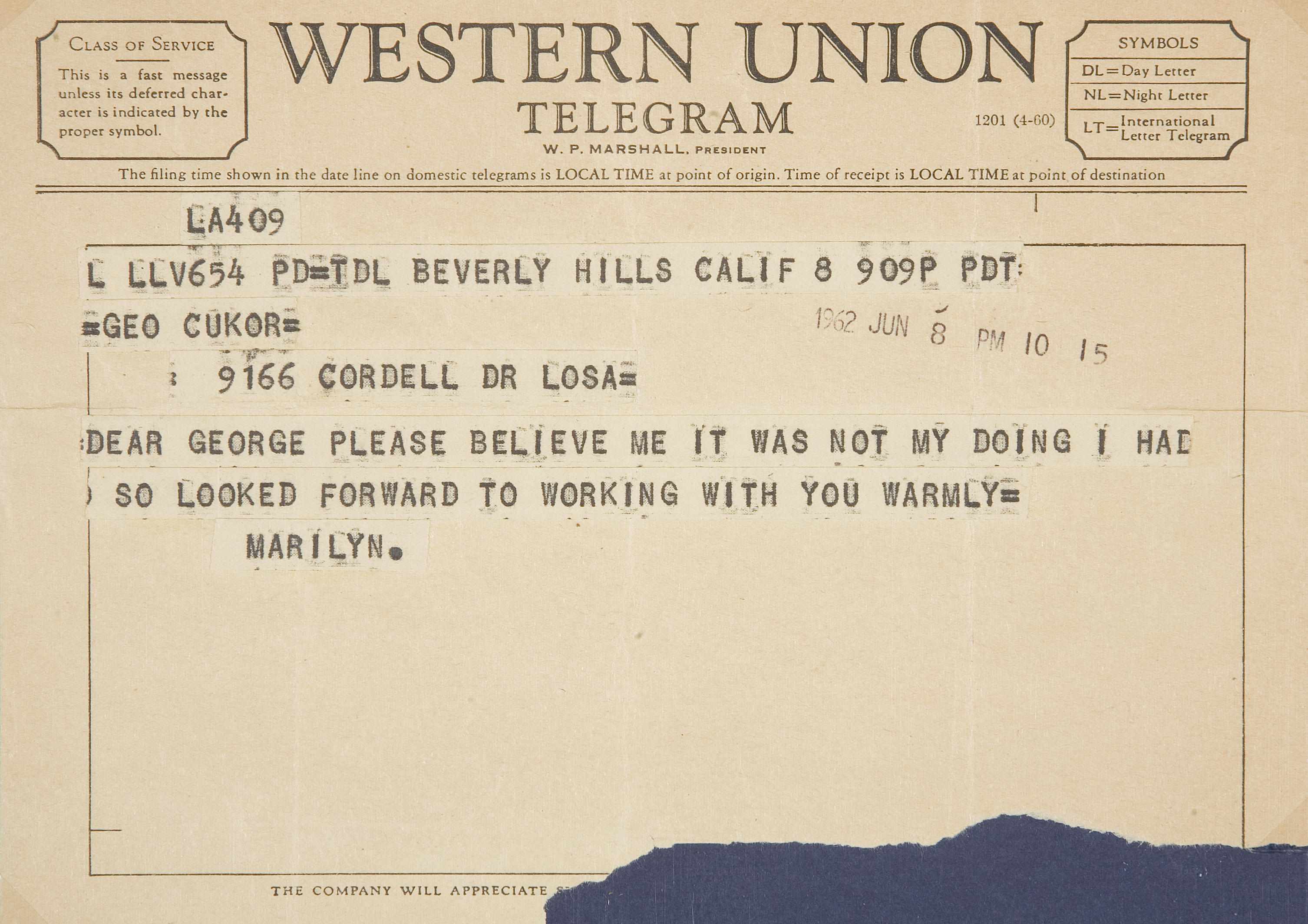 Appraisal: Marilyn Monroe telegram to director George Cukor Western Union telegram