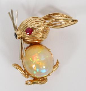 Appraisal: CT NATURAL OPAL RUBY SAPPHIRE AND GOLD BUNNY PIN CT