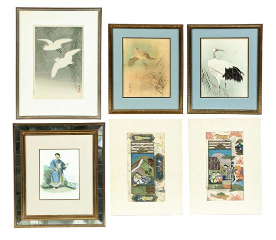 Appraisal: SIX FRAMED PICTURES Three th century Asian watercolors of songbird