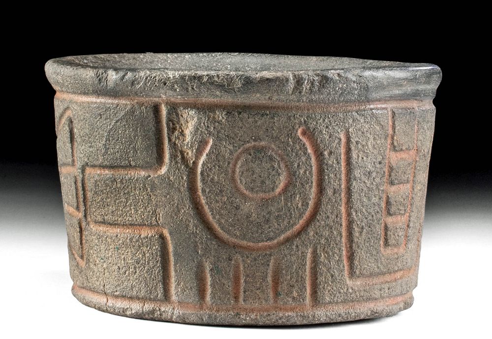 Appraisal: Chavin Volcanic Stone Mortar w Incised Avian Motifs Pre-Columbian northern