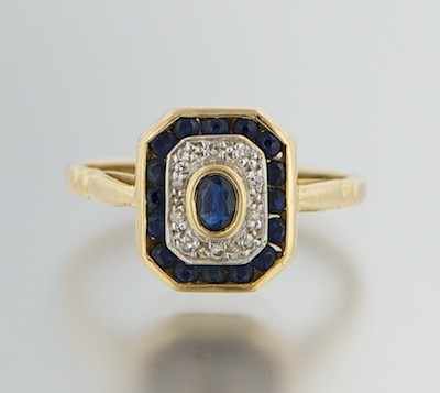 Appraisal: An Art Deco Style Diamond and Sapphire Ring k yellow