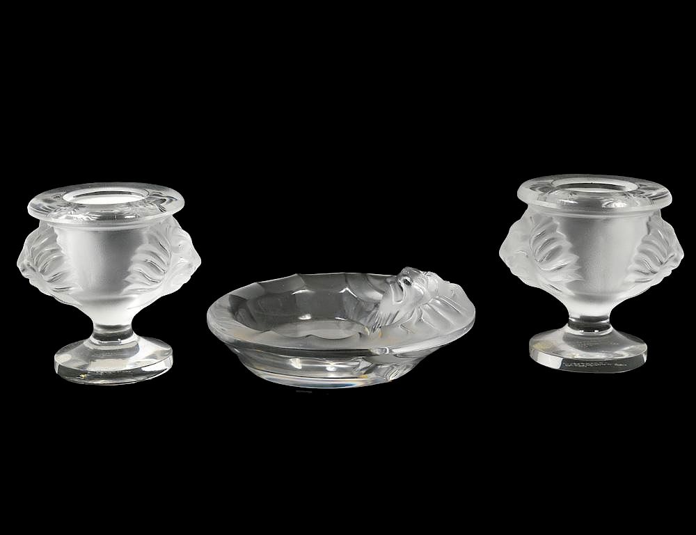 Appraisal: THREE PIECE LALIQUE MOLDED CRYSTAL LION SMOKING SET French Signed