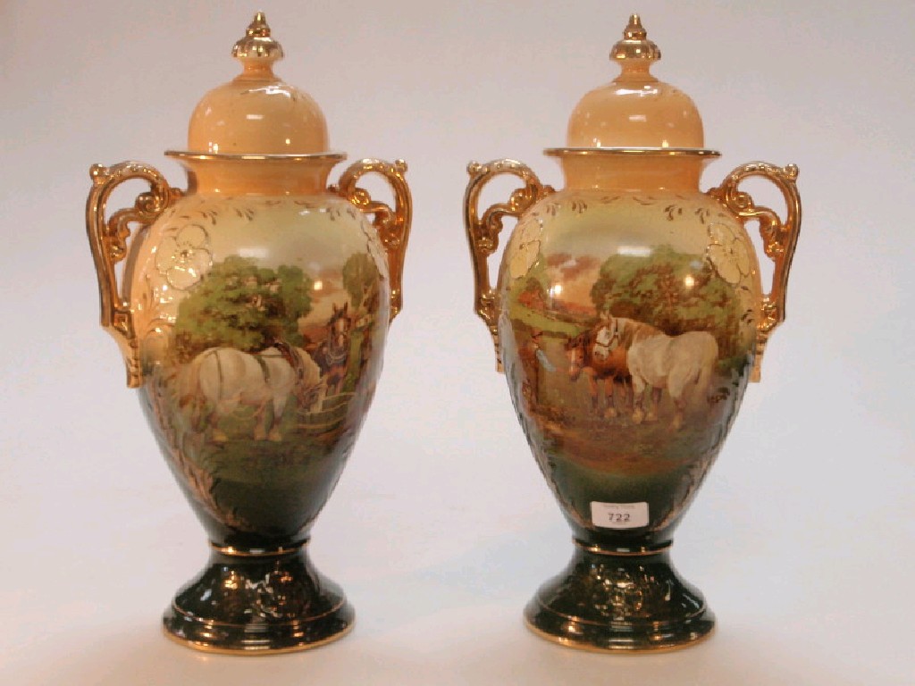 Appraisal: Two large lidded vases with equine scenes