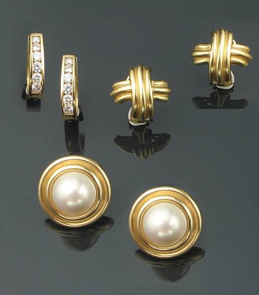 Appraisal: A collection of three mabe pearl diamond and gold earrings