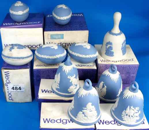 Appraisal: Wedgwood Jasperware Blue Easter Eggs x and New Year Bells