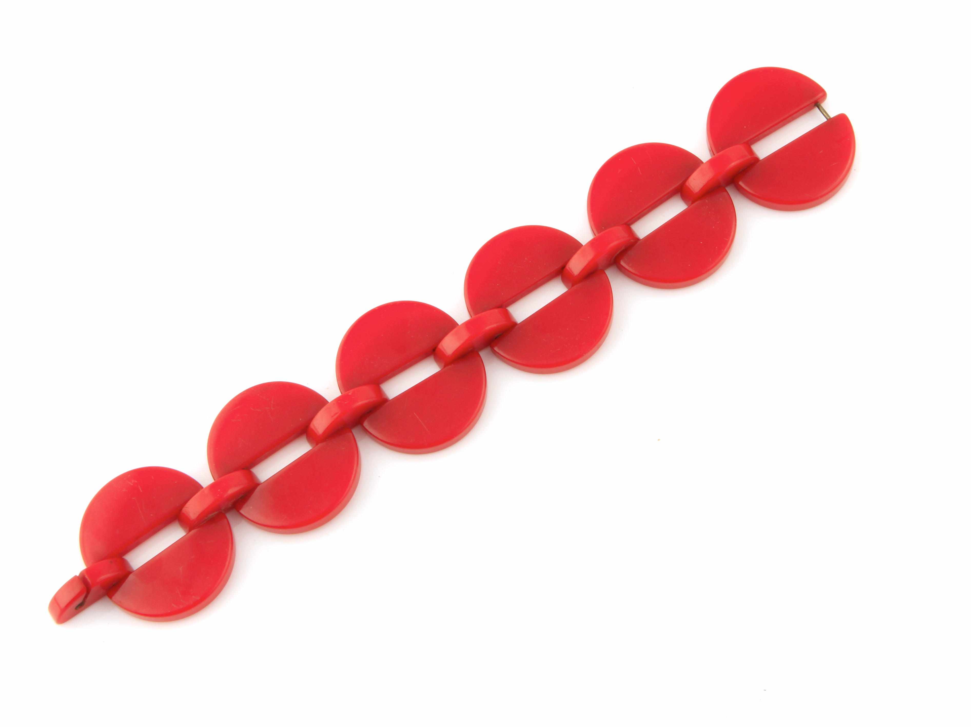 Appraisal: A red Bakelite disk link bracelet length in