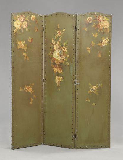 Appraisal: American Floral-Polychromed Leather Three-Fold Screen second quarter th century the