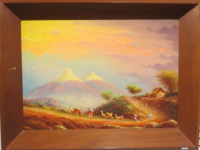 Appraisal: Oswaldo Moncayo oil Andes mountainlandscape with villagers and Llamas image