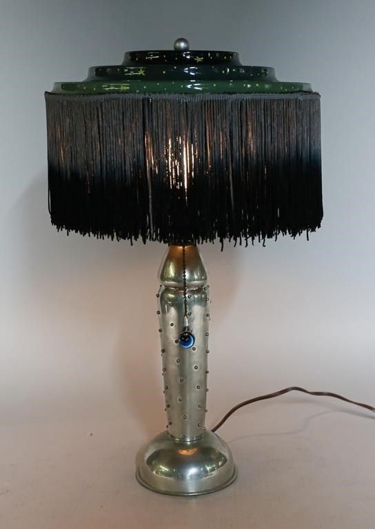 Appraisal: ART DECO STYLE LAMP WITH TASSEL SHADEArt deco style metal