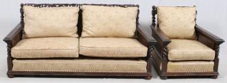 Appraisal: MORRIS STYLE MAHOGANY CARVED CHAIR AND SOFA H L having