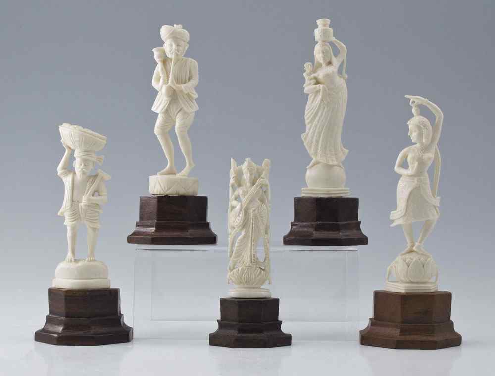 Appraisal: PIECE CARVED IVORY FIGURES All affixed to wooden bases To