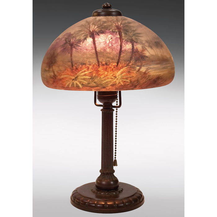 Appraisal: Handel lamp reverse-painted and acid-etched shade on a column base