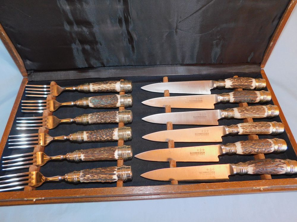 Appraisal: CASED SET OF SCHMIEDEN STAG CUTLERY Fine cased set of