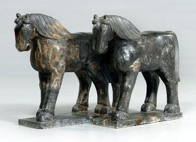 Appraisal: Pair Chinese stone horses standing with mouths open rectangular bases