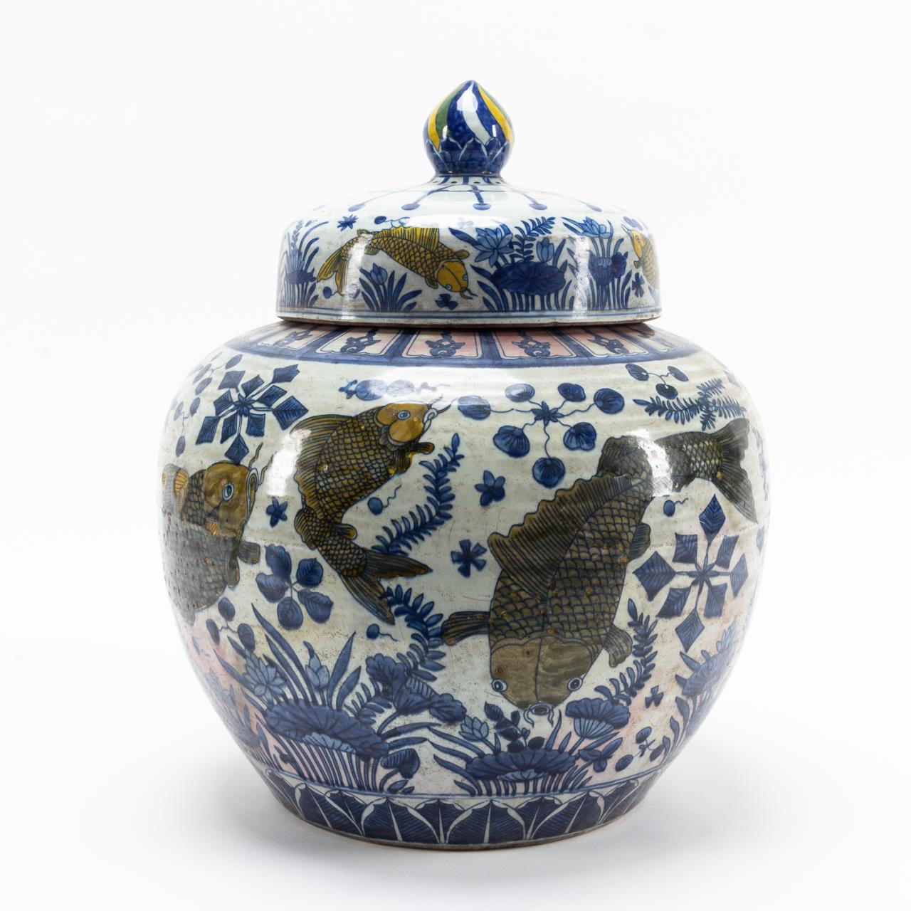 Appraisal: CHINESE MING-STYLE LIDDED JAR LOTUS PON Chinese Ming style blue