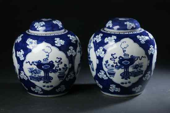 Appraisal: PAIR CHINESE BLUE AND WHITE PORCELAIN JARS AND COVERS Late