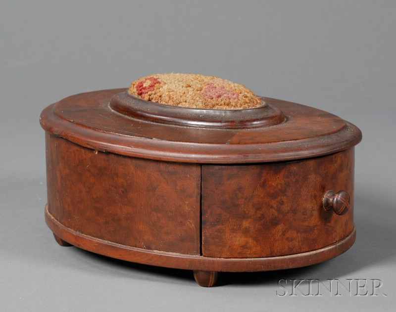 Appraisal: Oval Mahogany and Mahogany Veneer Sewing Box America th century