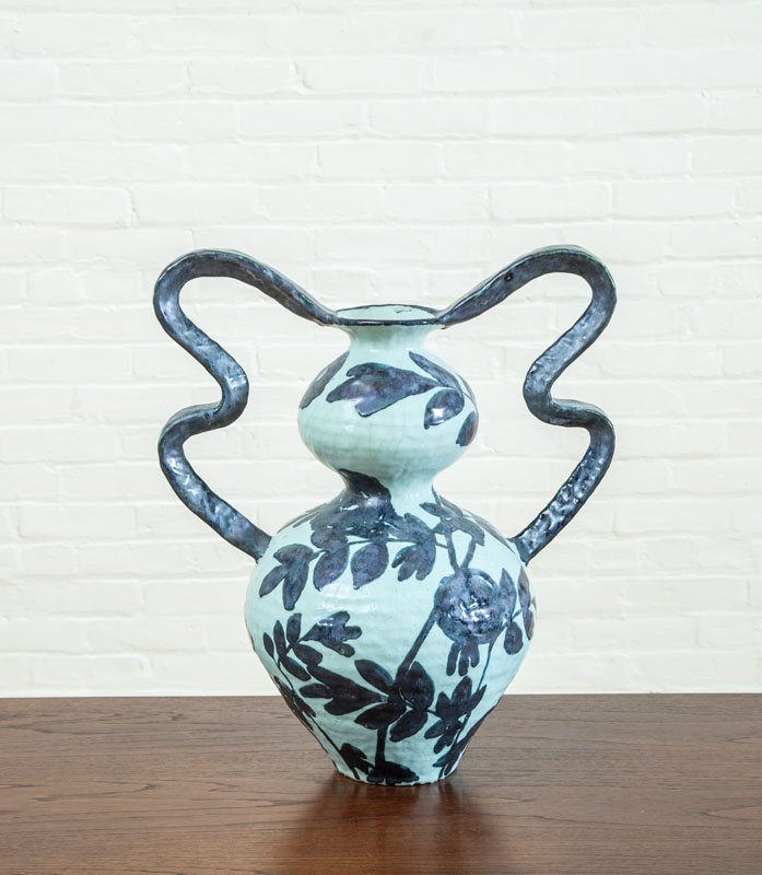 Appraisal: PETER SCHLESINGER b LARGE STUDIO POTTERY BLUE GREEN-GLAZED TWO-HANDLED VASE