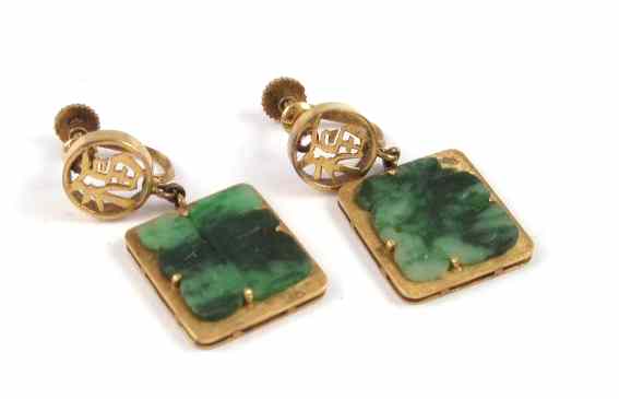 Appraisal: PAIR OF JADE CHINESE EARRINGS each k yellow gold with