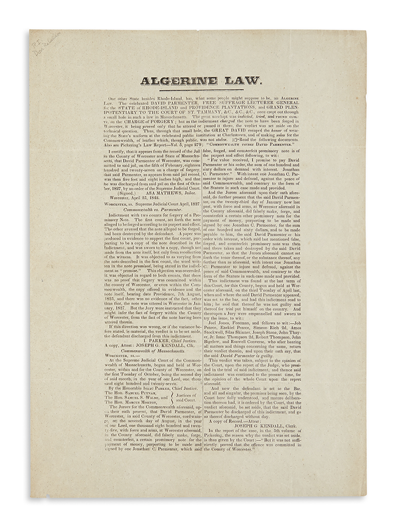 Appraisal: RHODE ISLAND Algerine Law Letterpress broadside x inches folds minimal