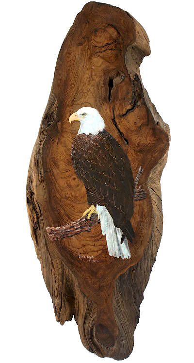 Appraisal: Signed Bald Eagle Wood Art Painting c Included in this