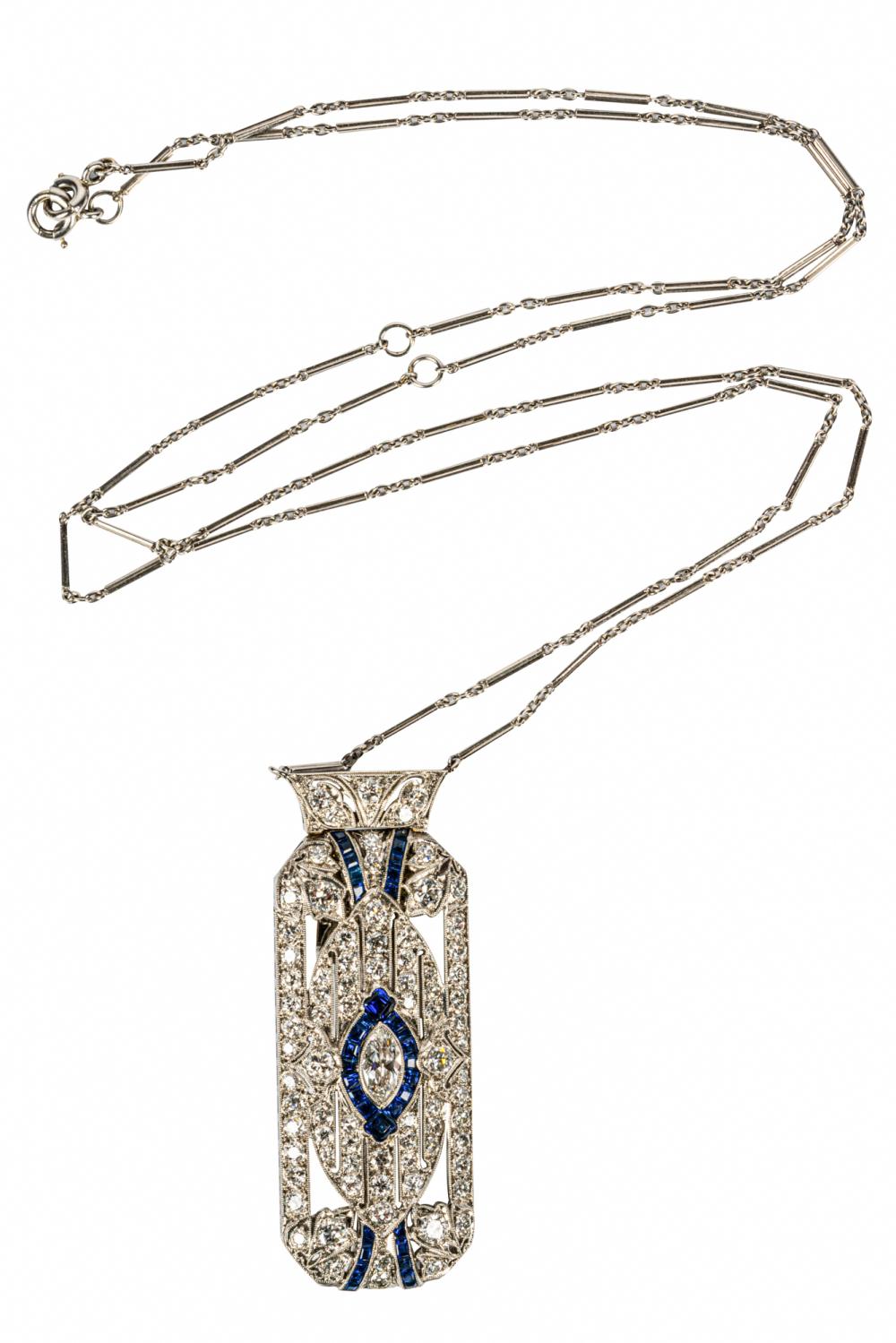 Appraisal: ART DECO PLATINUM DIAMOND SAPPHIRE BROOCH PENDANTcentering one marquise cut