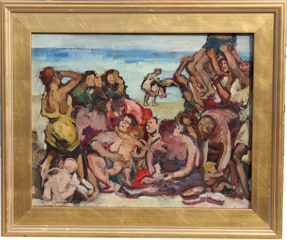 Appraisal: WPA School Figures at Beach Painting WPA School Figures at