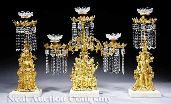 Appraisal: An American Gilt Bronze White Marble and Glass Three-Piece Girandole