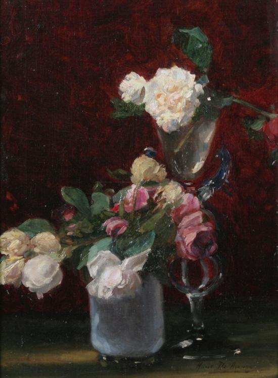 Appraisal: MARIE DE BI VRE Belgian - ROSES AND GLASSES ON