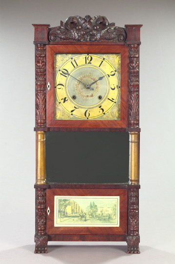 Appraisal: Rare American Classical Turned Giltwood and Carved Mahogany Mantel Clock