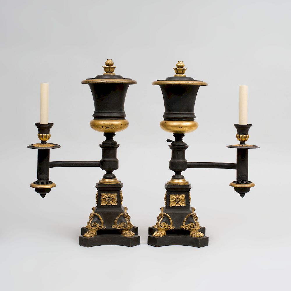 Appraisal: Pair of Regency Style Bronze and Parcel-Gilt Argand Lamps J