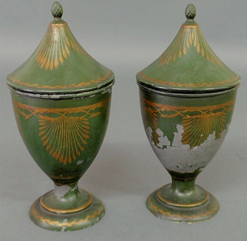 Appraisal: Pair of French green and gilt Tole decorated covered urns