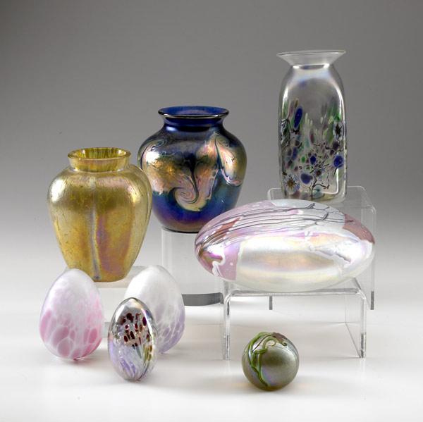 Appraisal: ART GLASS Four vases with iridescent glaze one Loetz style