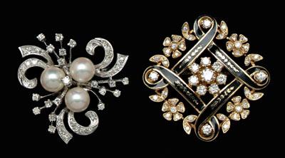 Appraisal: Two gold and diamond brooches one vintage floral and scroll