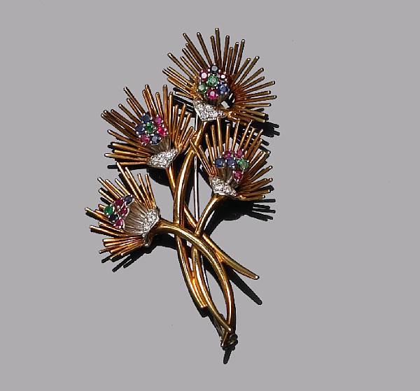 Appraisal: A diamond ruby sapphire and emerald thistle brooch Shreve amp