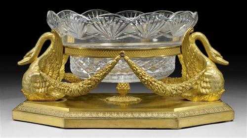 Appraisal: CUT GLASS AND GILT BRONZE BOWL AUX CYGNES late Empire