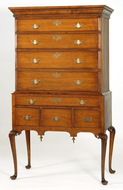 Appraisal: ANTIQUE AMERICAN QUEEN ANNE HIGHBOY In tiger maple Probably married