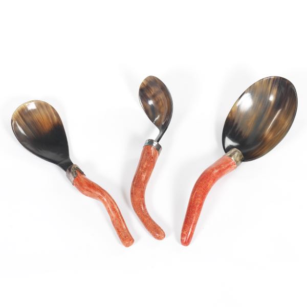 Appraisal: Three Coral Sterling and Horn Serving Utensils x largest Three-piece