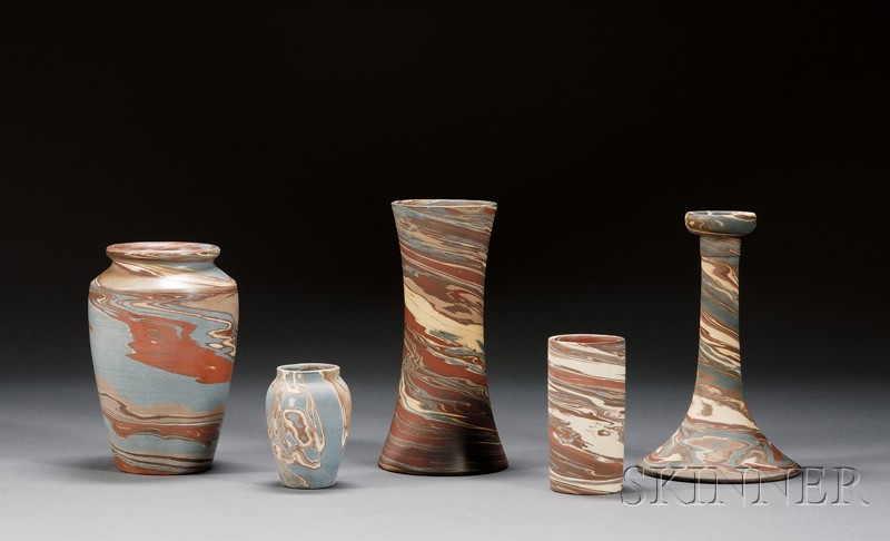 Appraisal: Five Niloak Pottery Vases Multicolored clay Benton Arkansas - Mission