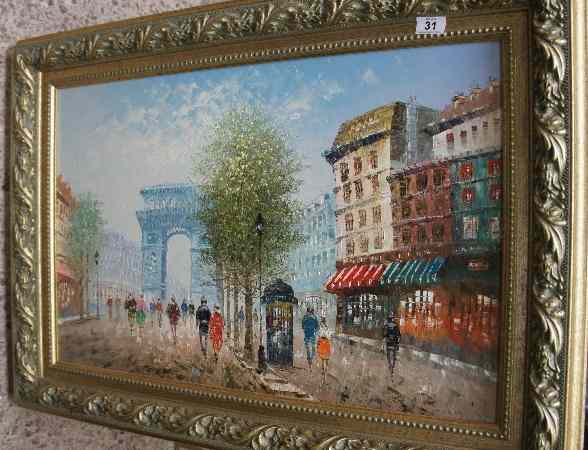 Appraisal: Large Framed Oil on Canvas Painting depicting Parisian Street Life