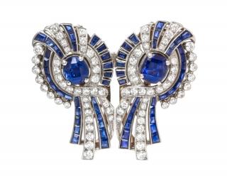 Appraisal: A Pair of Platinum Sapphire and Diamond Dress Clips Brooch