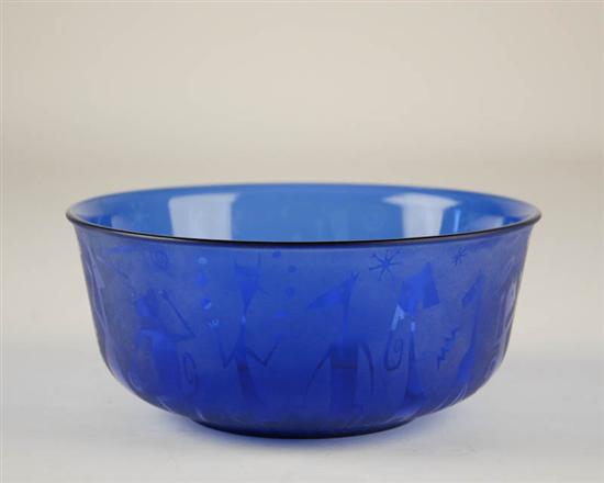 Appraisal: L Drumm Etched Blue Glass Bowl with Figures and Quote